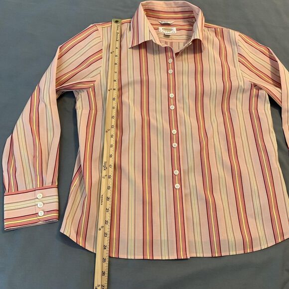 Talbots Shirt Womens 14 Petite Pink Stripe Wrinkle Resistant Stretch Button - Picture 4 of 7